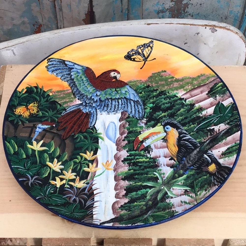 10” Plate Hand Painted Parrot Flight Over Waterfall Tropical Birds Toucan
